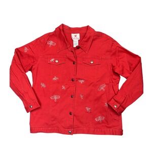 Quacker Factory Denim Jacket  Red Rhinestone Dragonfly Womens XL Stretch Cotton